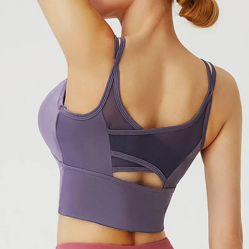Mesh Breathable Yoga Bra Pilates Crop Bra Yoga Crops Gym Crop Fitness Top Quick Dry Spaghetti Strap Sports Bra