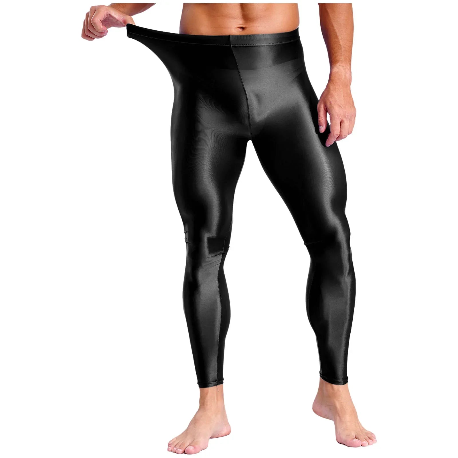 Mens Breathable Pure Color Oil Sports Pants Shiny Metallic Stretchy Casual Leggings Gym Running Workout Fitness Pants Trousers
