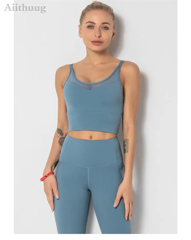 Mesh Breathable Yoga Bra Pilates Crop Bra Yoga Crops Gym Crop Fitness Top Quick Dry Spaghetti Strap Sports Bra