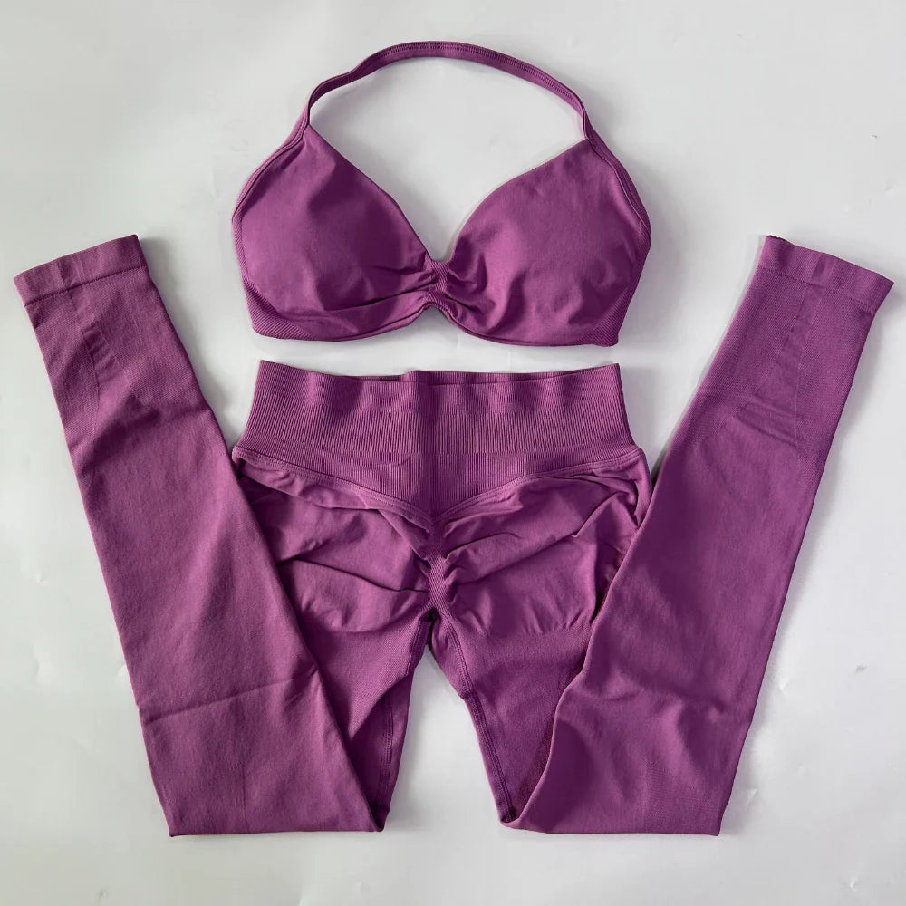 2 Pieces Set For Woman Strappy Yoga Bra Sports Top Workout Leggings Set Seamless Gym Set Fitness Clothes Outfit Activewear