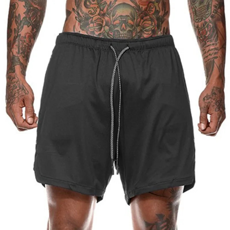 European Men's Sports Summer Double Layer Mobile Phone Pants Gym Exercise Jogging Training Shorts
