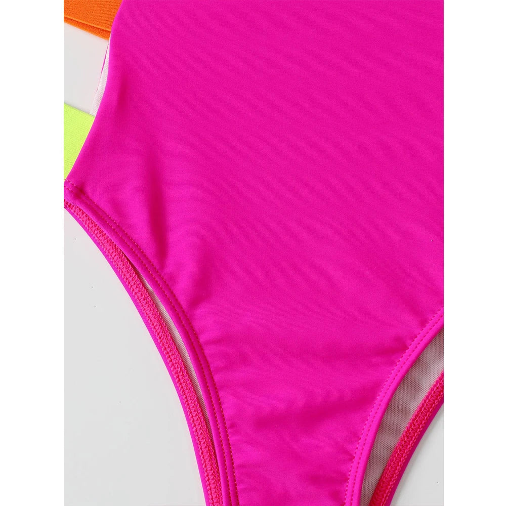 Hot Pink Color Block One-piece Swimsuit Women Neon Swimwear