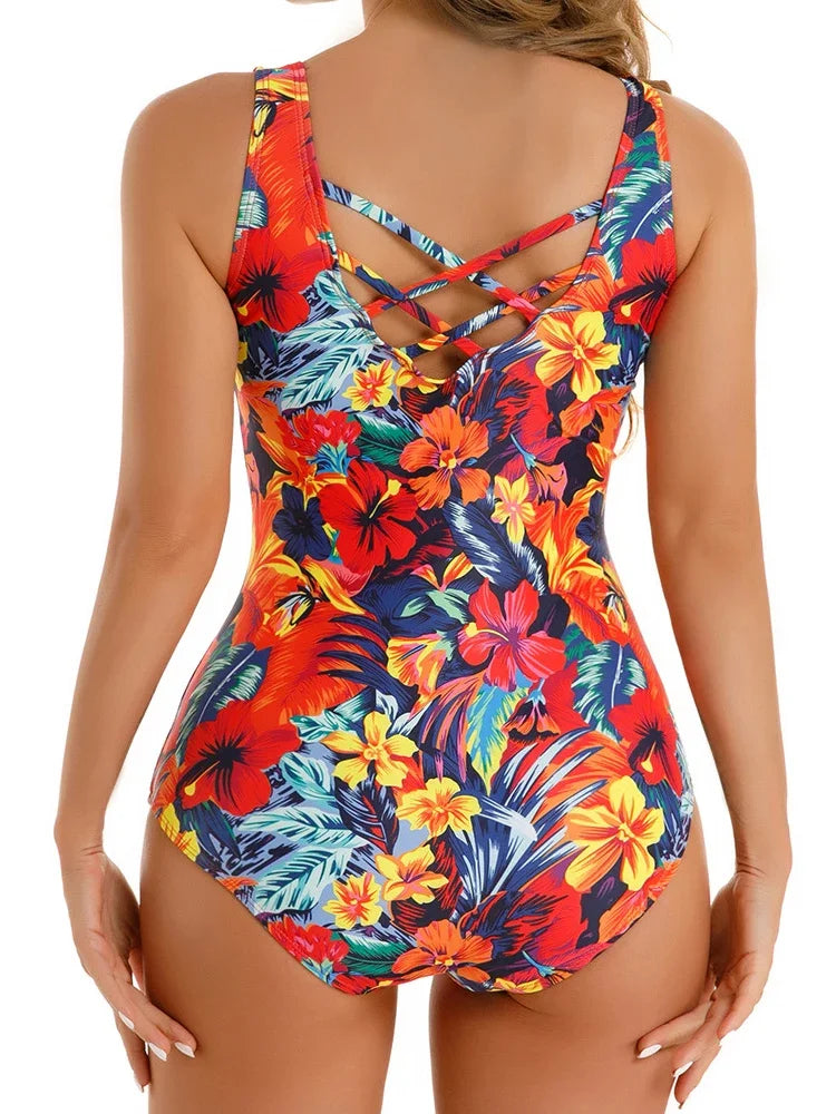 Floral Printed Swimming Suit for Women One Piece Bodysuit Summer Simple Classic Swimwear Female Fashion Bathing Suit