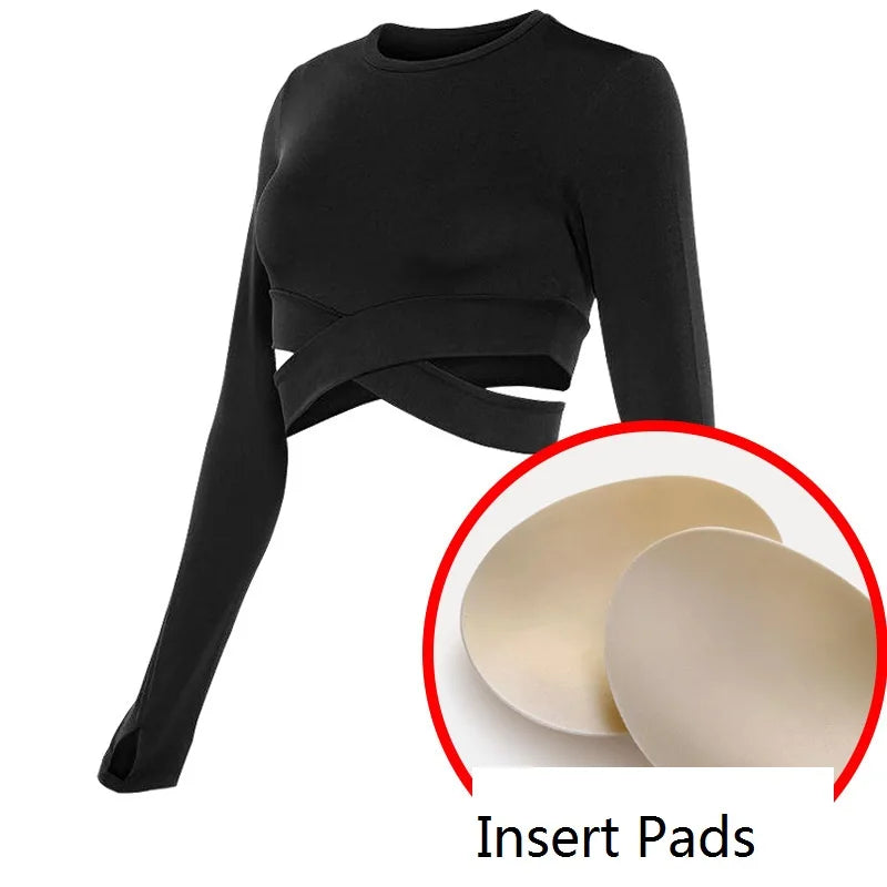 Long Sleeve Crop Tops Yoga Shirts Gym Shirt Women Fitness Workout Tops Slim Fit Top Cross Waist Design