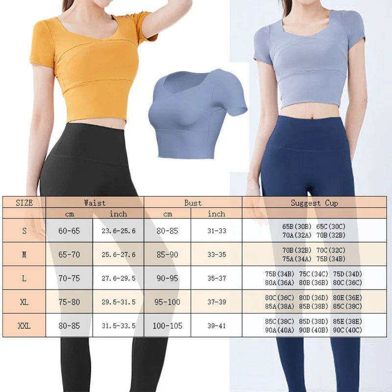 Gym Crop Tops Padded Cup Yoga Tops Elastic Breathable Yoga Bra 3D Fit Cup Slim Fit Workout Short Sleeve Sports Crops