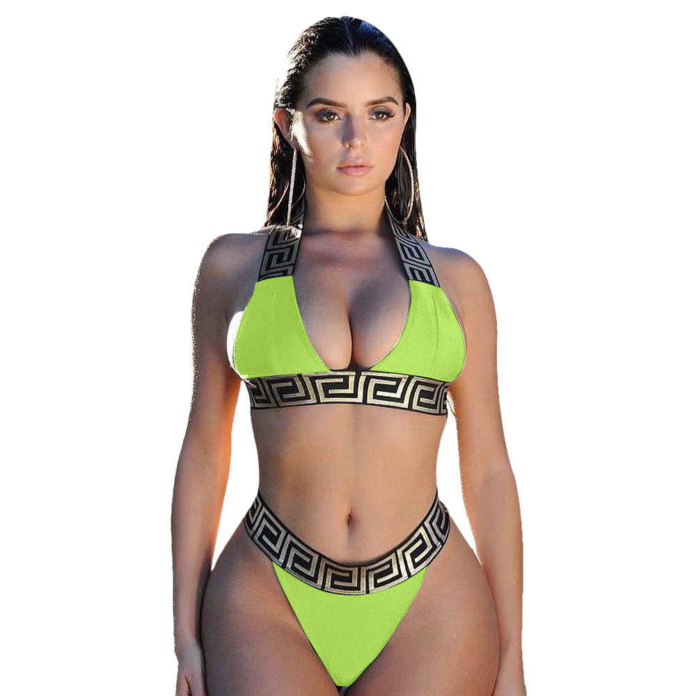 Print Black Push Up Bikini Two Pieces Set Women Swimwear Bandage Halter Swimsuit Bathing Suit