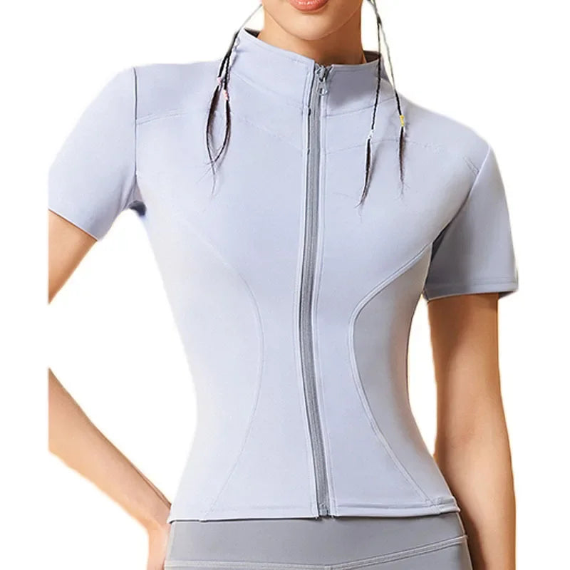 Aiithuug Yoga Tops Zipper Short Sleeve Gym Shirts Waist Slimmer Zip Up Sports Workout Top Fitness Jackets Running Slim Fit Tops