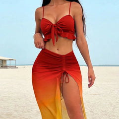 3 Pieces Tie Dye Knot Front Bikinis Women Ruffle Swimwear Female High Waist Swimsuit & Drawstring Beach Skirt Bathing Suit