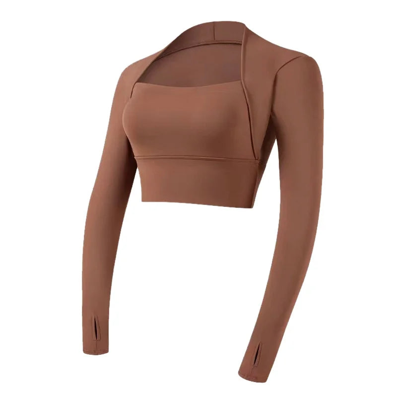 Aiithuug Padded Yoga Shirts Long Sleeve Yoga Crop Tops Low Cut Shirts Gym Shirt Workout Gym Top Insert Pads Slim Fit Sports