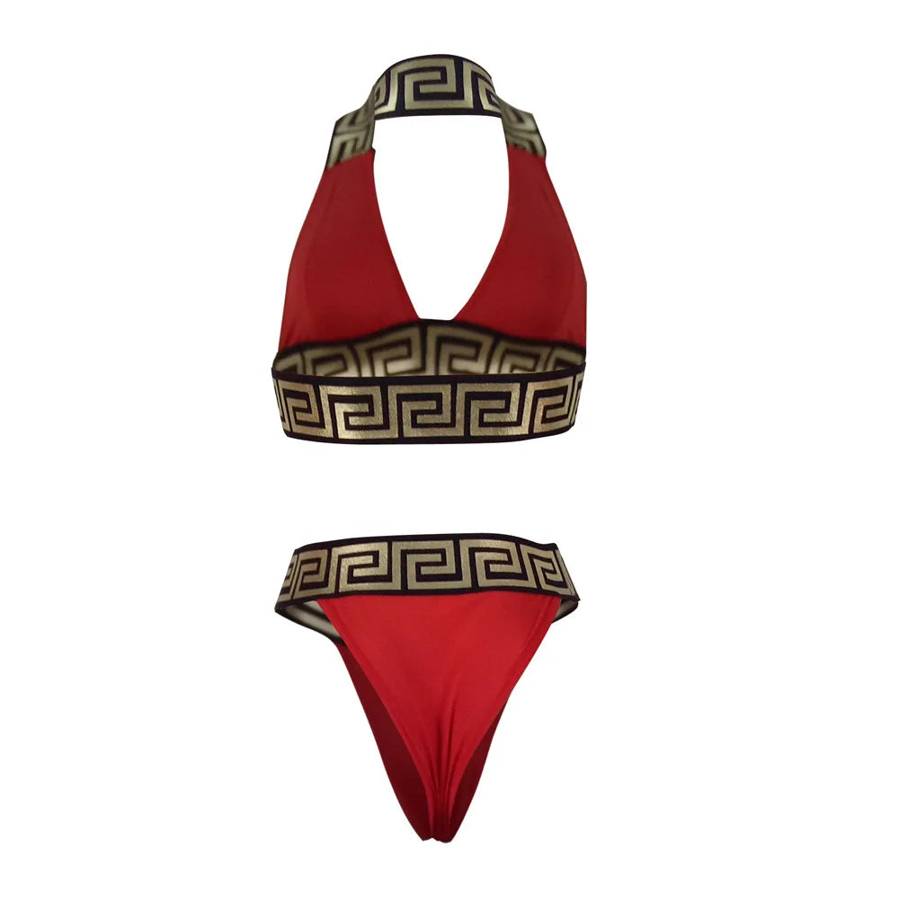 Print Black Push Up Bikini Two Pieces Set Women Swimwear Bandage Halter Swimsuit Bathing Suit