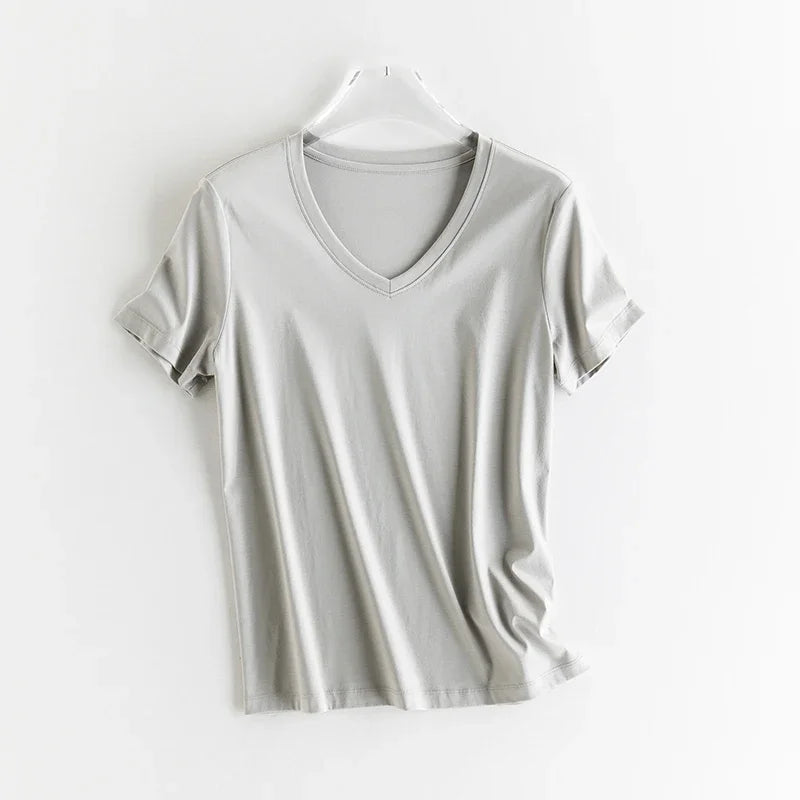 10% Silk & Mercerized Cotton Women T-shirt Luxury Tee Short Sleeve Silky Feeling Summer Wear Tops V / O-neck
