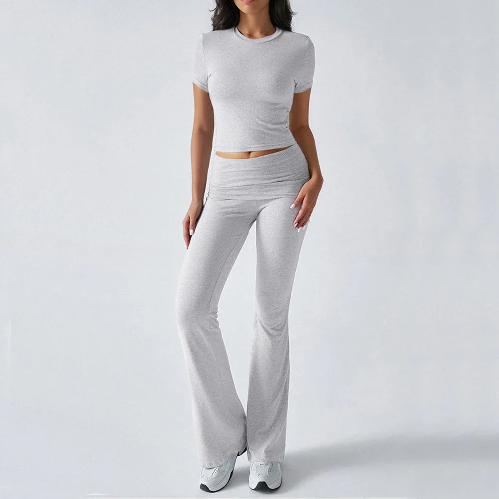 Foldable 2PCS Yoga Set Women Short Sleeve Crop Top Slim Fit High Waist Flare Leggings Fitness Suit Workout Gym Running Tracksuit