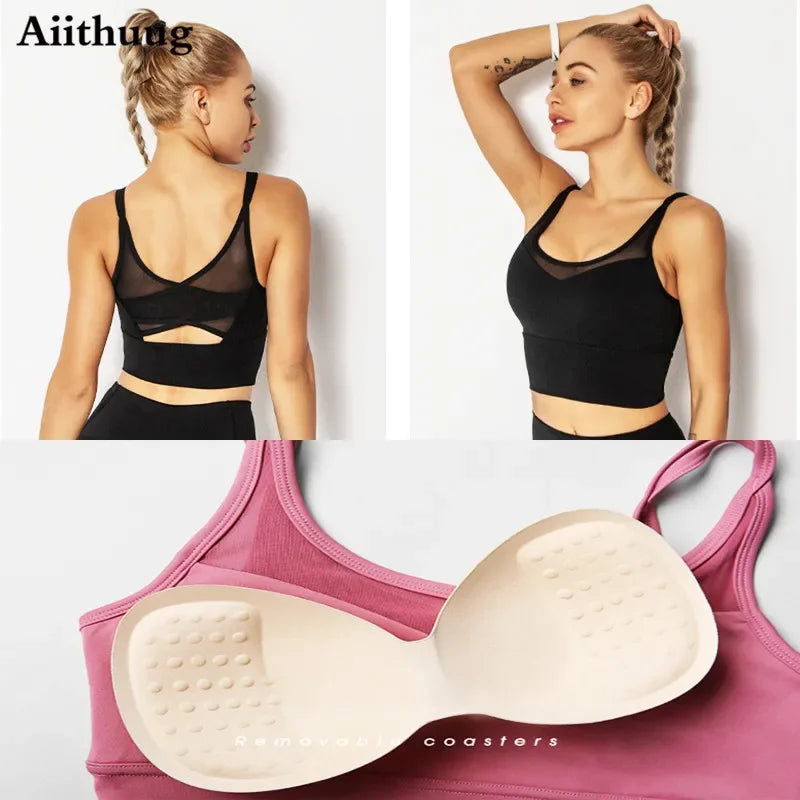 Mesh Breathable Yoga Bra Pilates Crop Bra Yoga Crops Gym Crop Fitness Top Quick Dry Spaghetti Strap Sports Bra