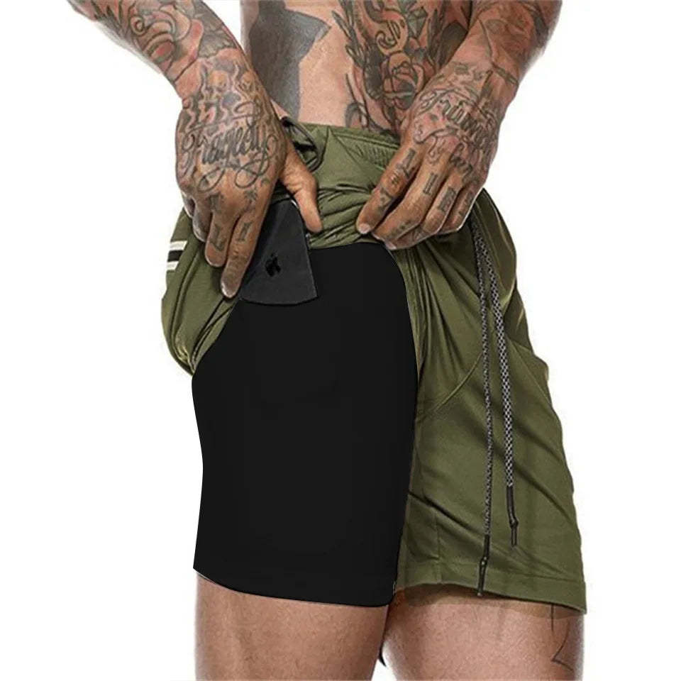 European Men's Sports Summer Double Layer Mobile Phone Pants Gym Exercise Jogging Training Shorts
