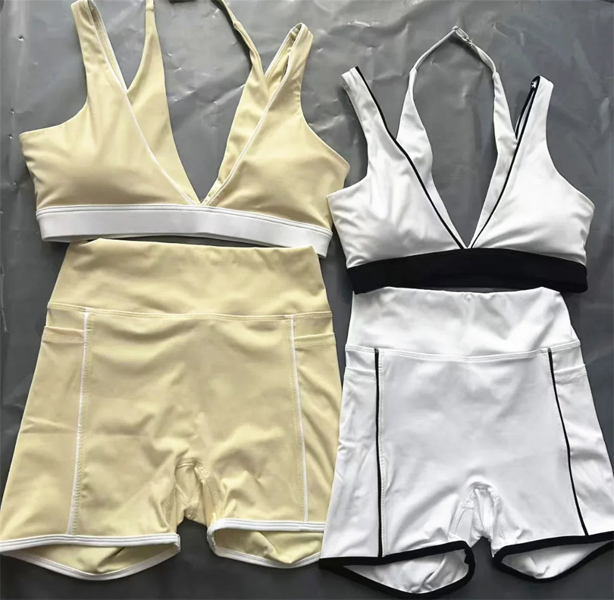 Pad 2PCS Yoga Set Sports Bras V-Neck Halter Pocket Fitness Workout Running Leggings Gym Woman Active Wear Clothing