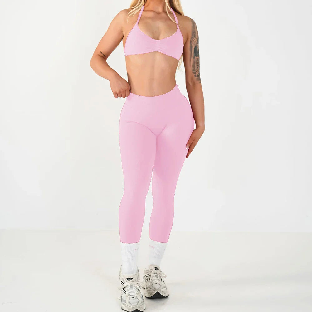 2PCS Seamless Yoga Set Women Workout Scrunch Leggings Strappy Sports Bra Fitness Gym Clothing Workout Set XP389
