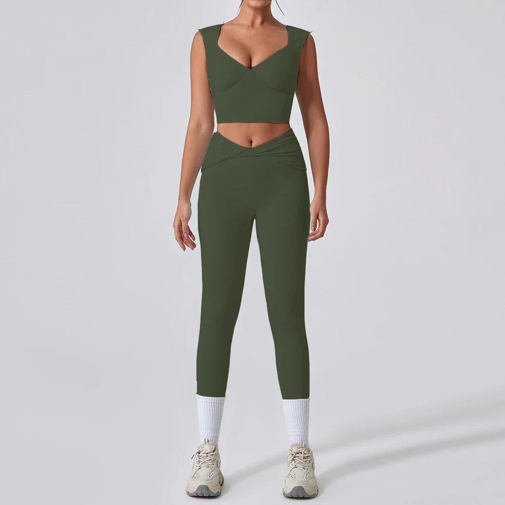 2PCS Women Yoga Set Workout Pant Outfits Fitness Sportswear Gym High Waist Flare Leggings Sports Bra Athletic Tracksuit