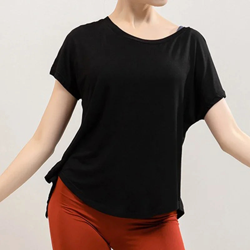V-Shape Back Split Yoga Top Women's Short Sleeve Lightweight Loose Quick Drying Pilates Dancing Workout Cover-up