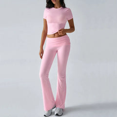 Foldable 2PCS Yoga Set Women Short Sleeve Crop Top Slim Fit High Waist Flare Leggings Fitness Suit Workout Gym Running Tracksuit