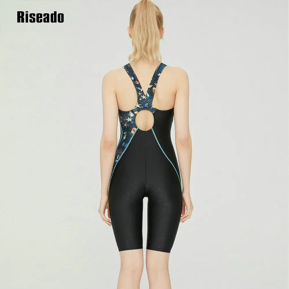 One Piece Swimwear Splice Leg suit Junior Knee skin Women' Competition Swimsuit, bathing Suit with Chlorine Resistant Fabric