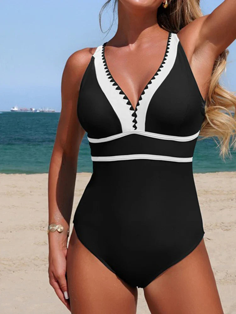 Contrast Color Bathing Suit Women V Neck Bodysuit Backless Cross Holiday Swimwear Bathers One Piece