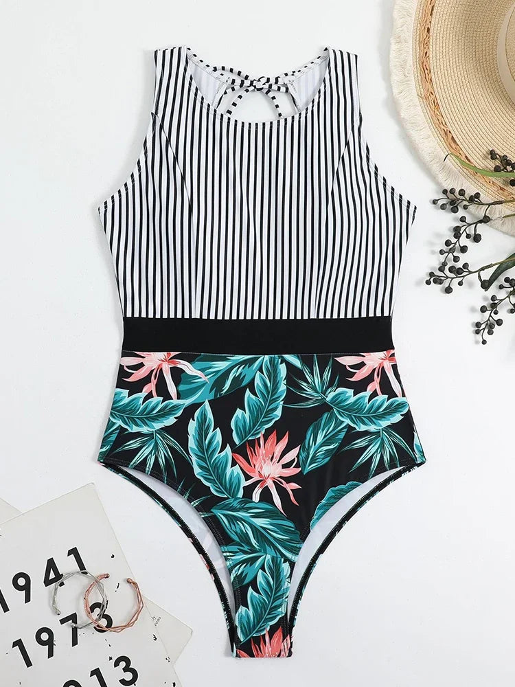One Piece Swimsuit Women Striped Print Beachwear Hollow Out Lace Up Monokini Summer 2026 Bikinis Beach Fashion Bodysuit