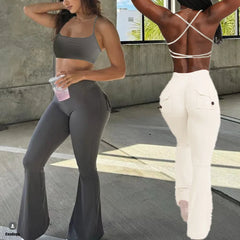 Pocket Button Flare Leggings High Waist Wide Leg Yoga Pant Women Gym Fitness Sport Dance Trousers Active Bottoms