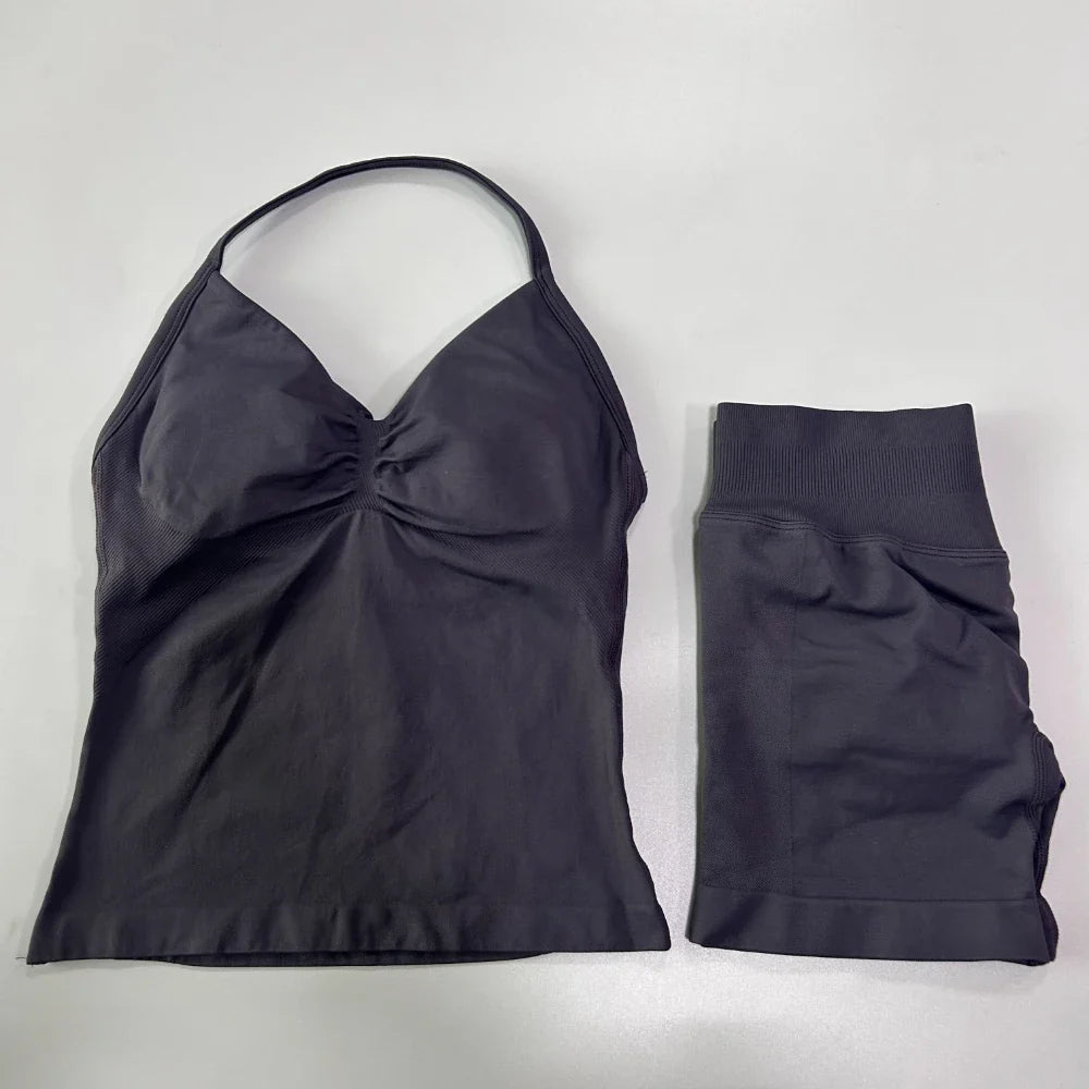 2Pcs Gym Set Women Backless Tank Tops High Waist Scrunch Seamless Shorts Gym Suit Fitness Clothes Activewear Workout Set