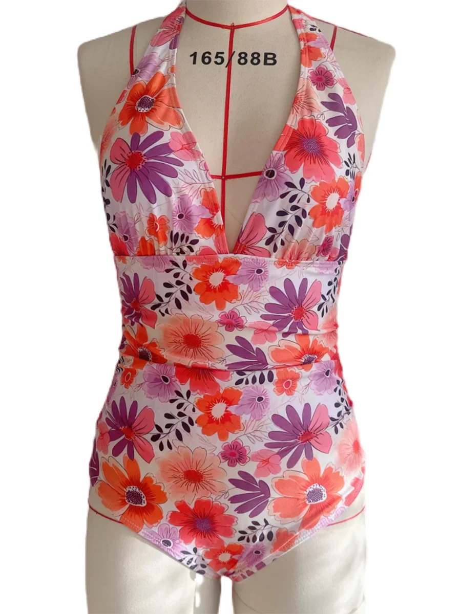 Leopard Swimsuit Women One Piece Halter Swimwear Female Solid Backless Bathers Bathing Swimming Swim Suit Beachwear