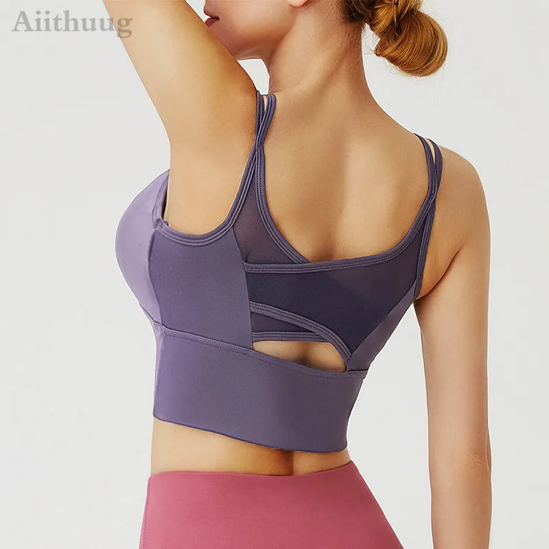 Mesh Breathable Yoga Bra Pilates Crop Bra Yoga Crops Gym Crop Fitness Top Quick Dry Spaghetti Strap Sports Bra