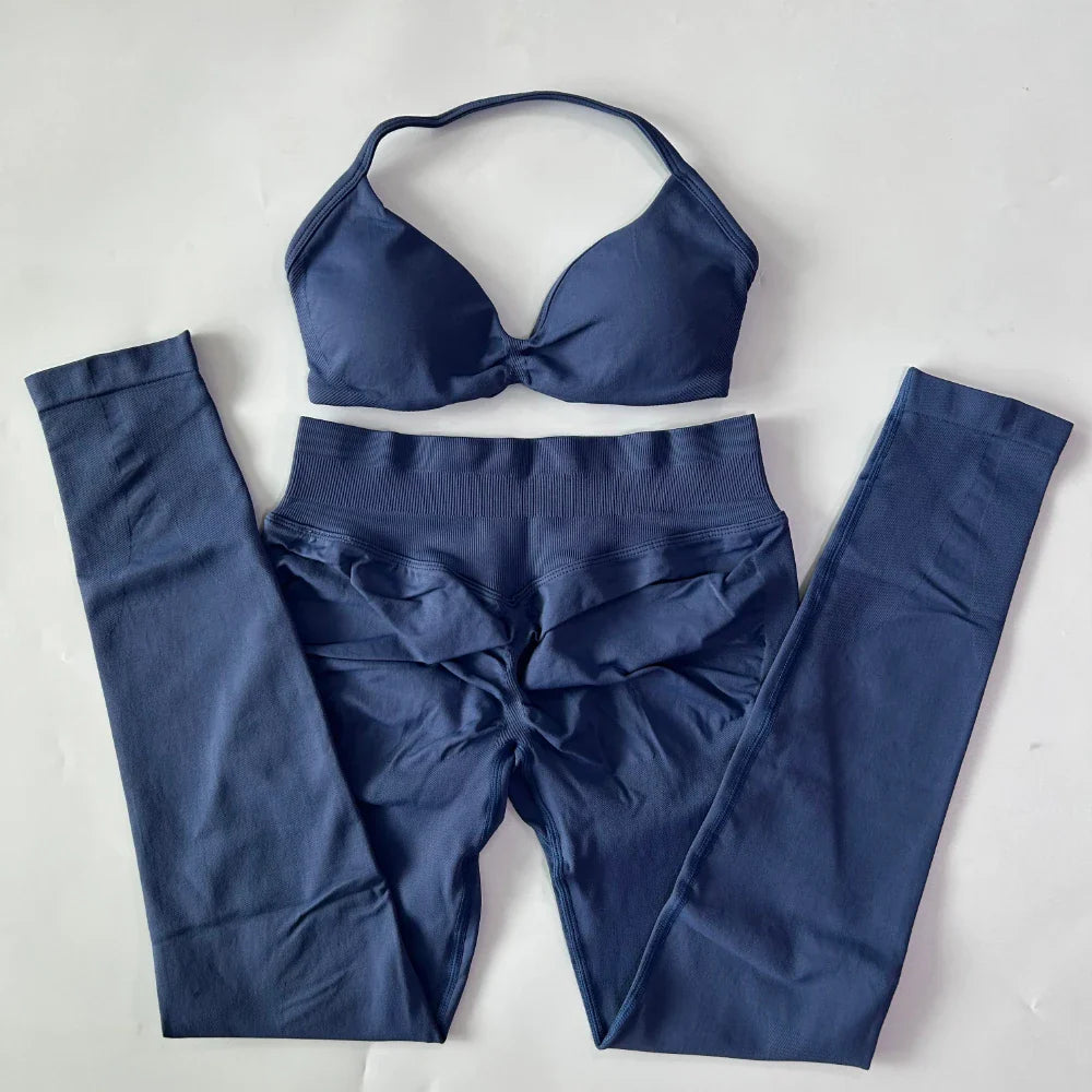 2 Pieces Set For Woman Strappy Yoga Bra Sports Top Workout Leggings Set Seamless Gym Set Fitness Clothes Outfit Activewear