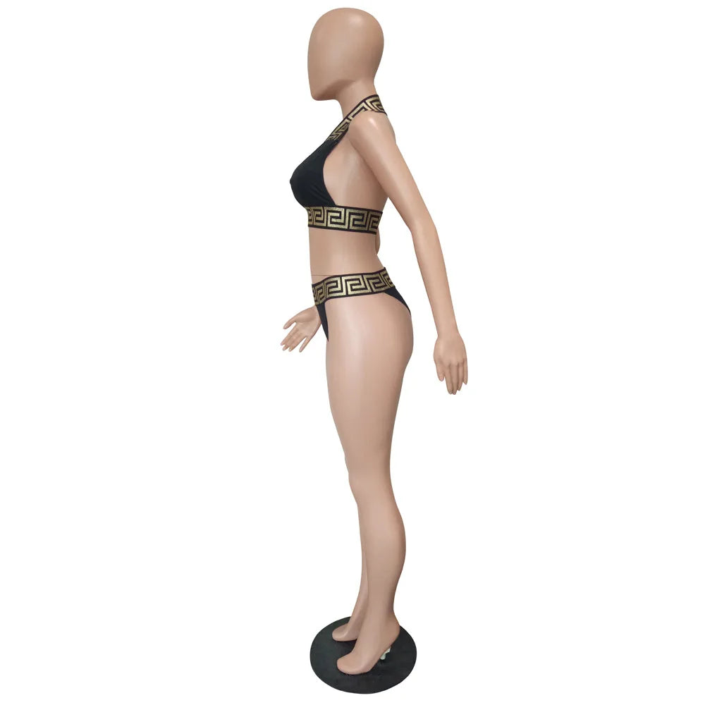 Print Black Push Up Bikini Two Pieces Set Women Swimwear Bandage Halter Swimsuit Bathing Suit