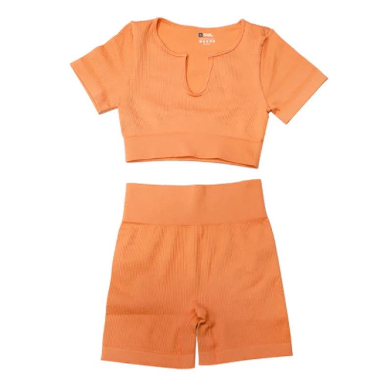 Ribbed Yoga Clothing Sets Women High Waist Shorts Short Sleeve Two Piece Set Seamless Tracksuit Fitness Workout Outfits Gym Wear