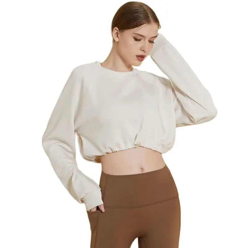 Yoga Gym Top Women Shirts Long Sleeve Crop Top Sportswear Loose Elastic Breathable Adjustable Hem Sports Womens Clothing