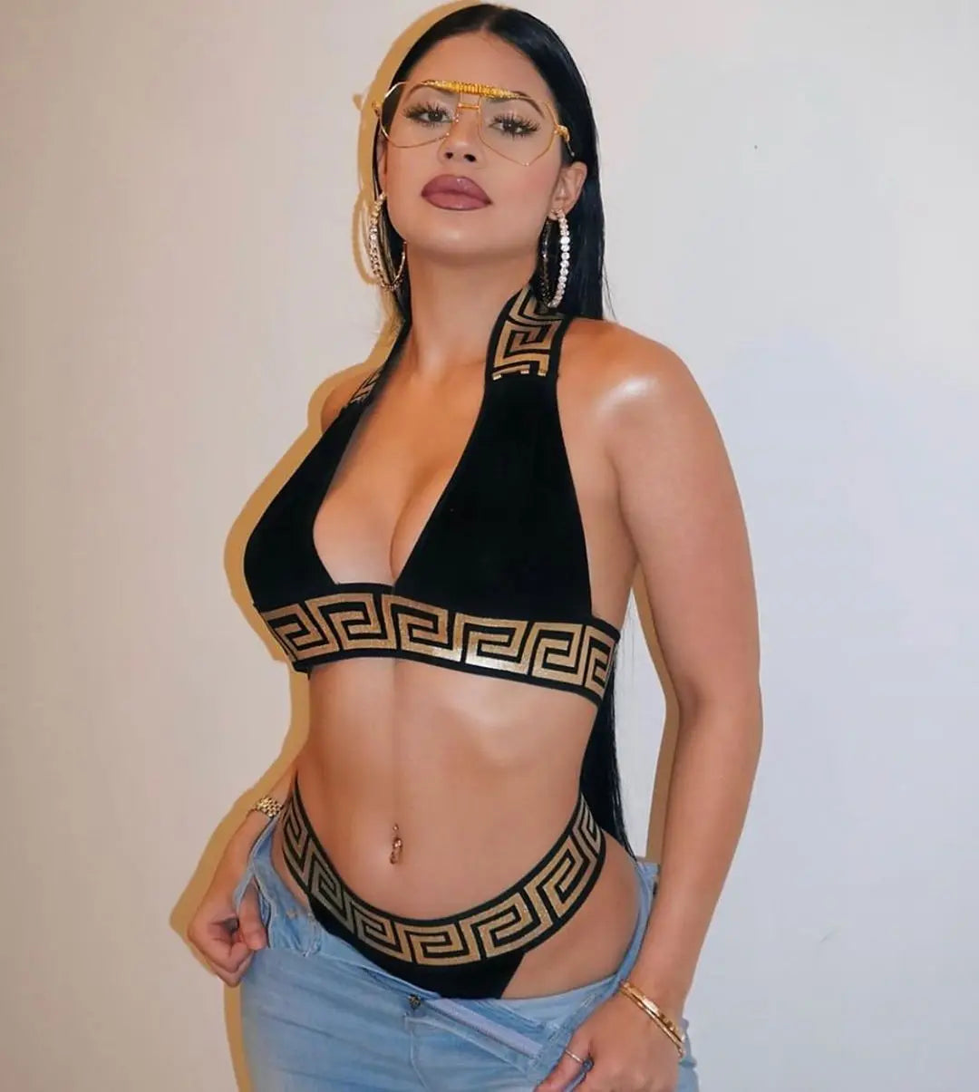 Print Black Push Up Bikini Two Pieces Set Women Swimwear Bandage Halter Swimsuit Bathing Suit