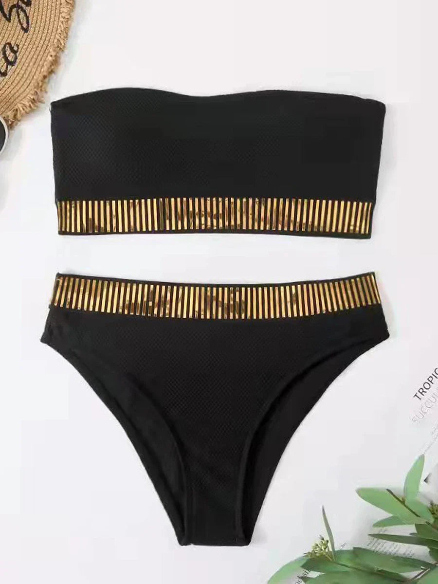 Bandeau High Waist Bikini Women Triangle Swimsuit Stitch Detail Swimwear Padded Bathing Suit Female Solid Beachwear