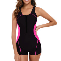 Women's One-Piece Swimsuit Boyleg Zip Sleeveless Full Body Modest Swimwear Color Block Slimming High Waist Sports Diving Suit