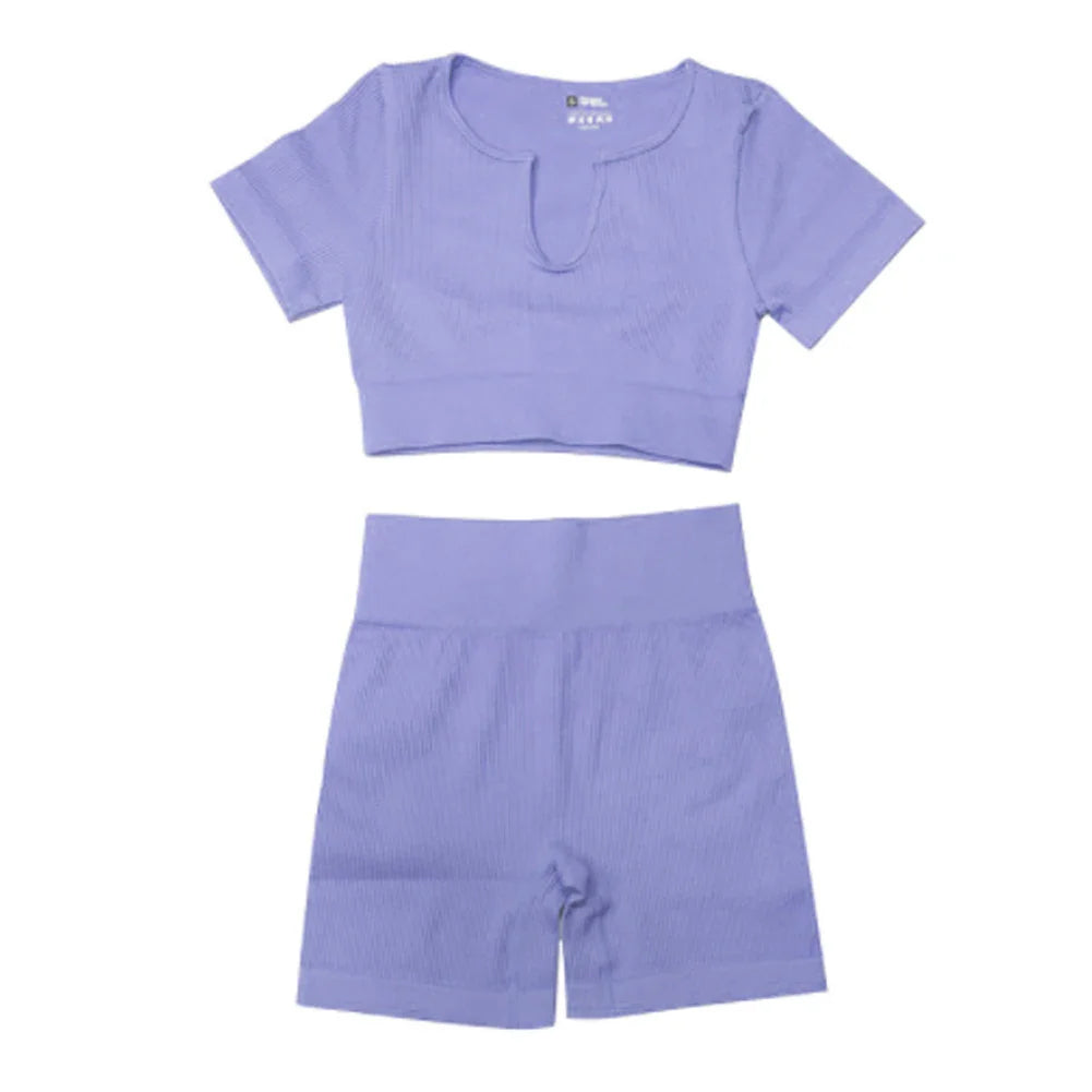 Ribbed Yoga Clothing Sets Women High Waist Shorts Short Sleeve Two Piece Set Seamless Tracksuit Fitness Workout Outfits Gym Wear