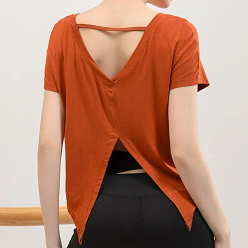 V-Shape Back Split Yoga Top Women's Short Sleeve Lightweight Loose Quick Drying Pilates Dancing Workout Cover-up