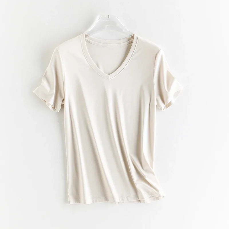 10% Silk & Mercerized Cotton Women T-shirt Luxury Tee Short Sleeve Silky Feeling Summer Wear Tops V / O-neck