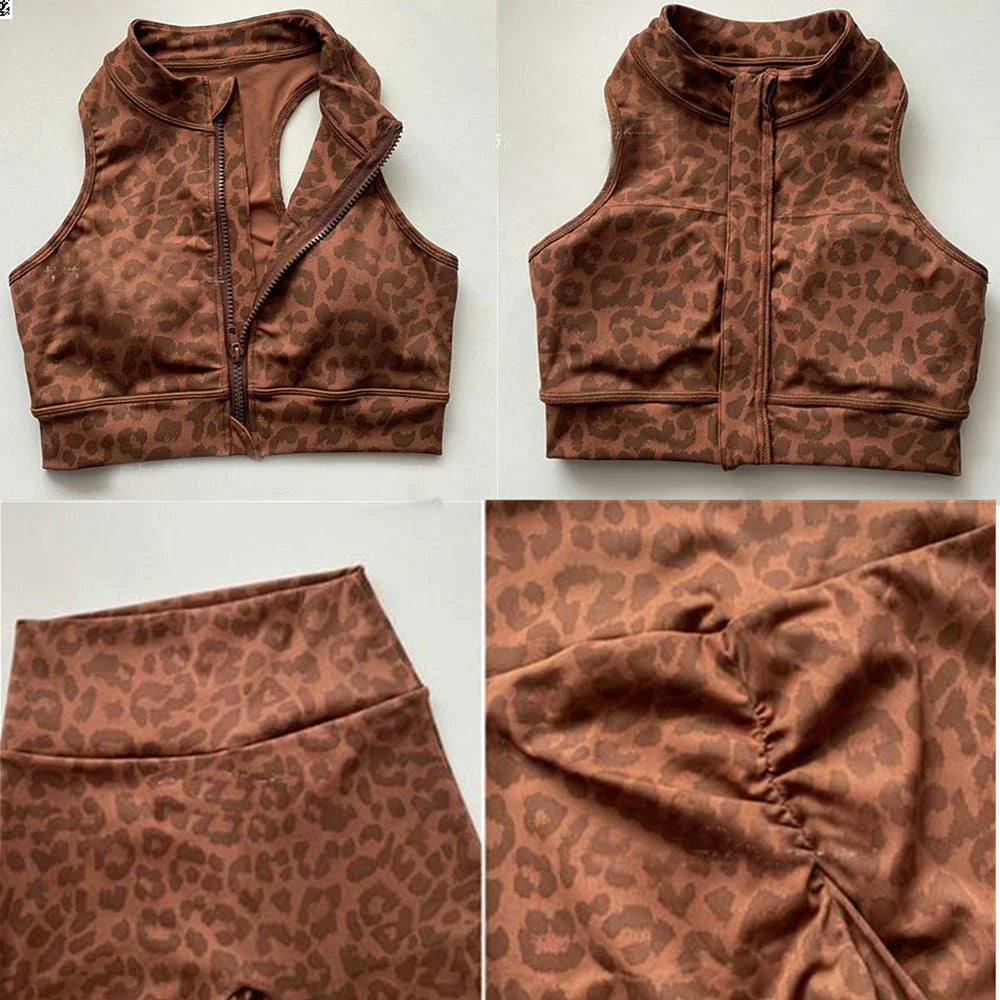 1/2PCS Zipper Leopard Sport Gym Yoga Sets Women Sport Bra Scrunch Pants Fitness Leggings Suits Workout Clothes for Women