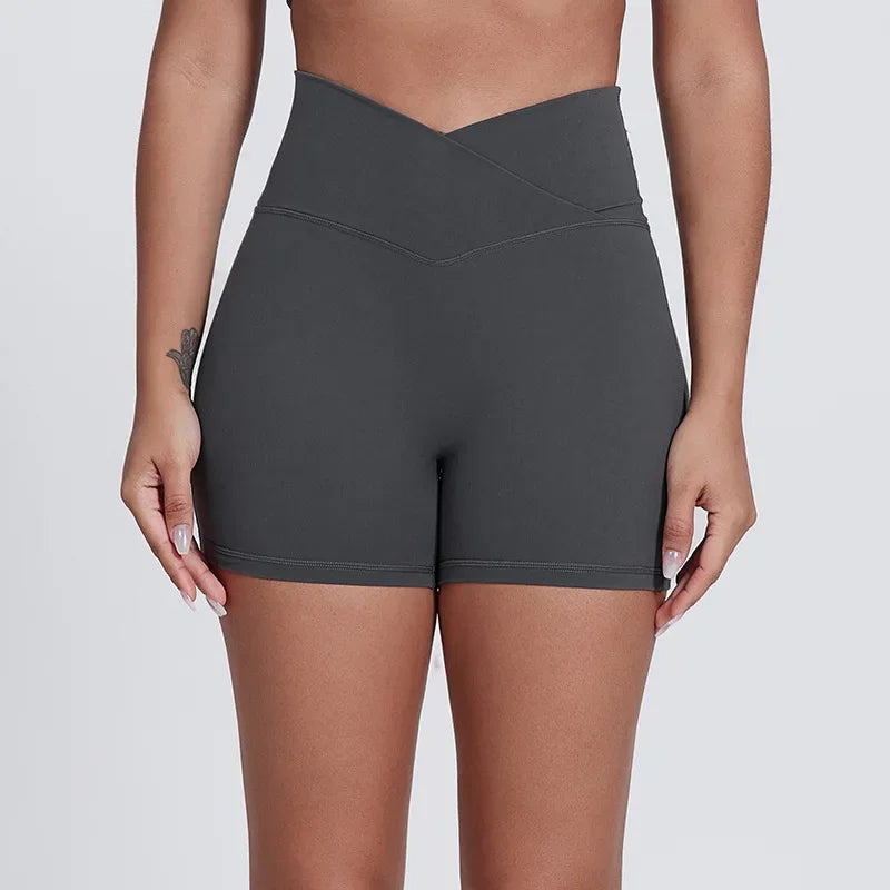 Peach Butt Lift Crossover Waist 4" Gym Shorts High Waist V Yoga Workout Running Shorts