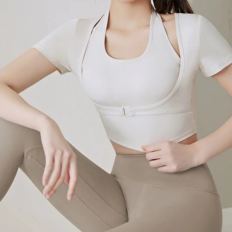 Two Pieces Yoga Shirts Short Sleeve Yoga Crop Tops Build In Cup Gym Crops Gym Shirt Fitness Workout Top Halterneck
