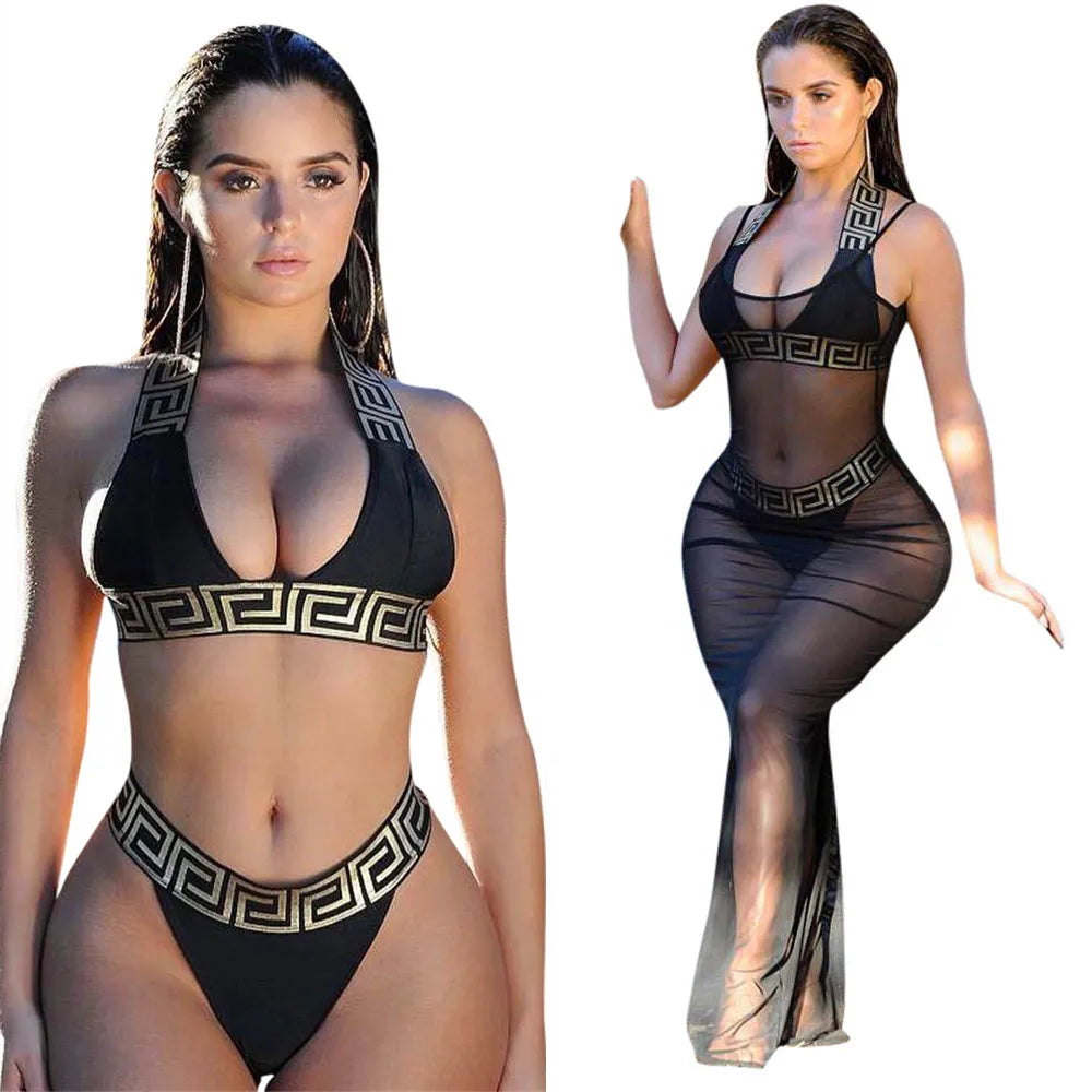 Print Black Push Up Bikini Two Pieces Set Women Swimwear Bandage Halter Swimsuit Bathing Suit