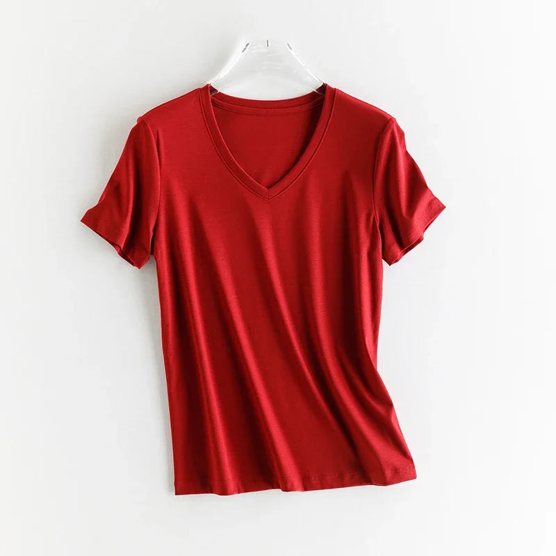 10% Silk & Mercerized Cotton Women T-shirt Luxury Tee Short Sleeve Silky Feeling Summer Wear Tops V / O-neck