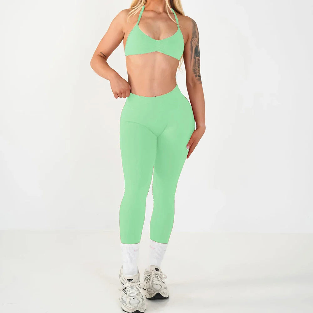 2PCS Seamless Yoga Set Women Workout Scrunch Leggings Strappy Sports Bra Fitness Gym Clothing Workout Set XP389