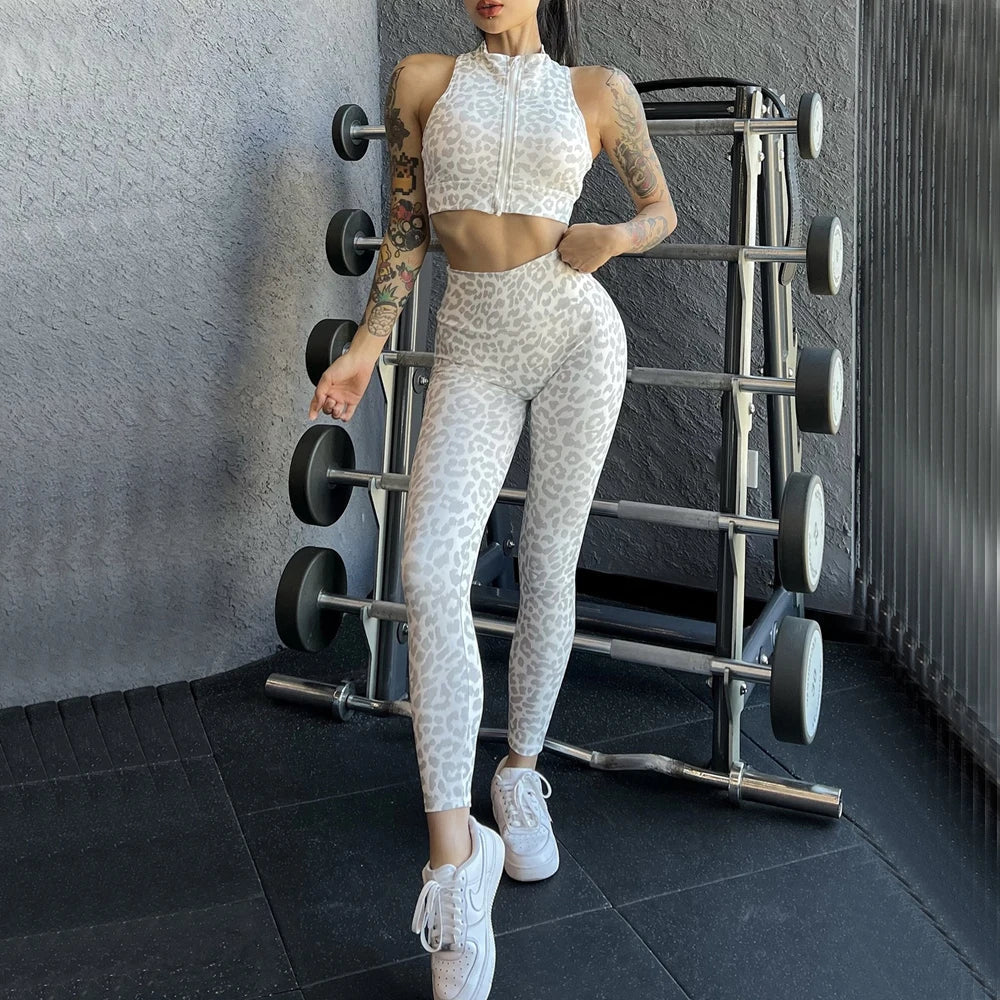 1/2PCS Zipper Leopard Sport Gym Yoga Sets Women Sport Bra Scrunch Pants Fitness Leggings Suits Workout Clothes for Women