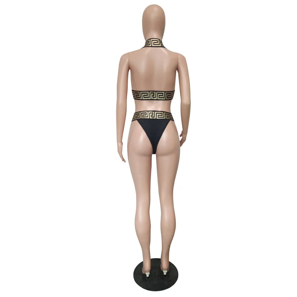 Print Black Push Up Bikini Two Pieces Set Women Swimwear Bandage Halter Swimsuit Bathing Suit