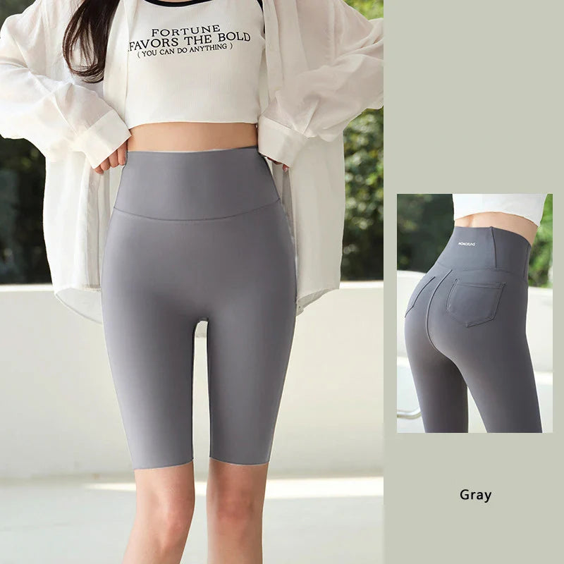 Summer Back Pocket Sharkskin Cycling Shorts Women Cool Knee Length Short Leggings Casual Elastic Sport Biker Shorts