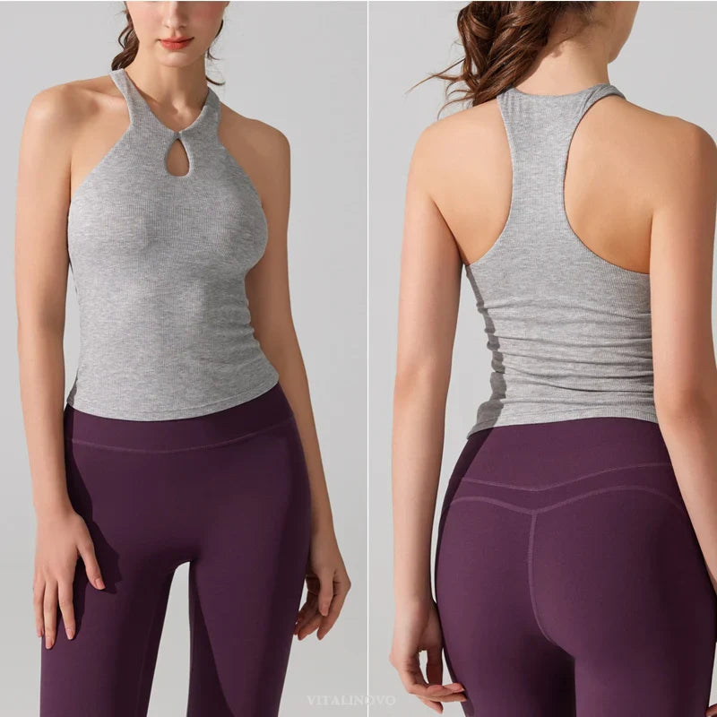 VITALINOVO Women's Tank Top High Neck Ribbed Raceback Going Out Basic Tops with Built-in Bra Summer Sleeveless Yoga Slim Fitted